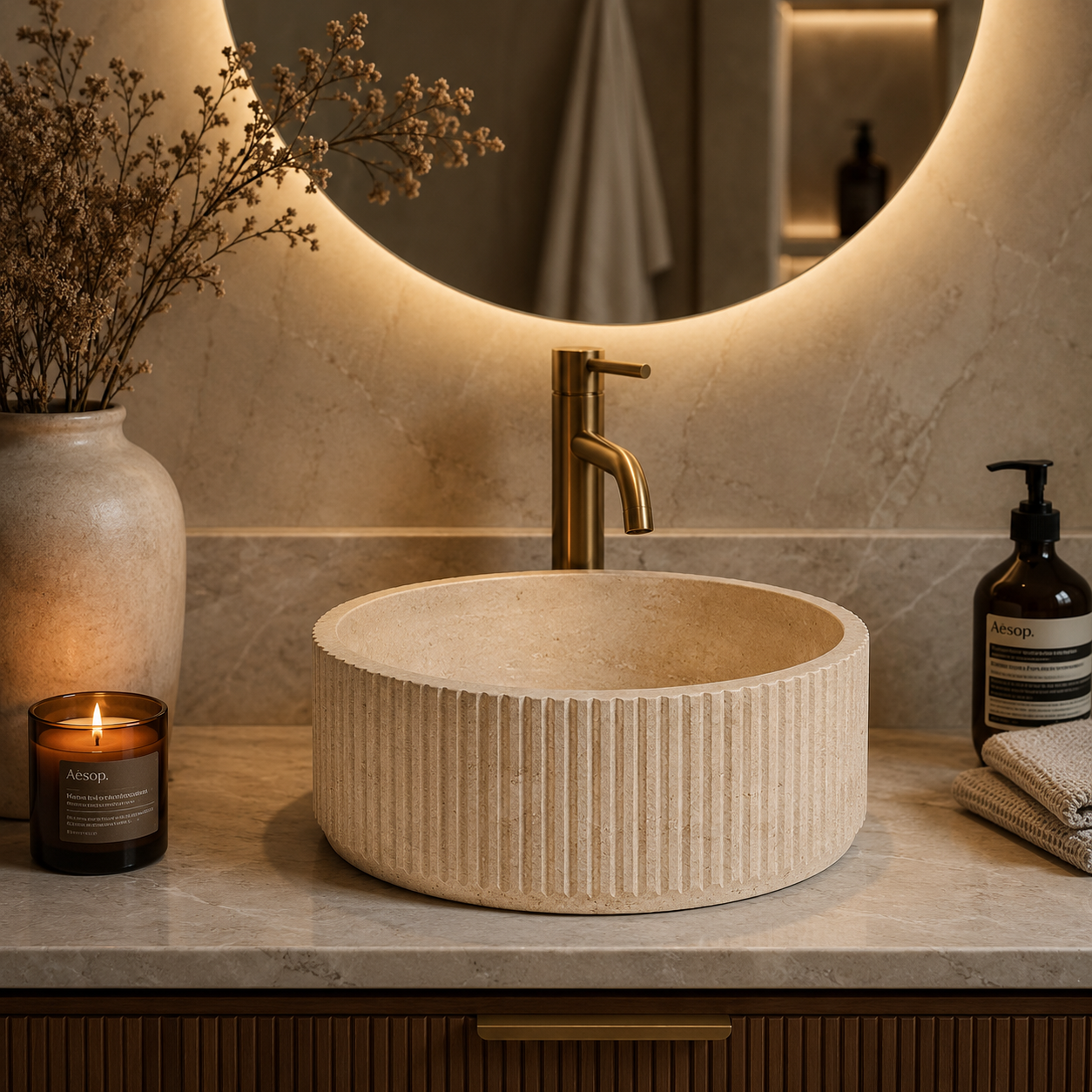 Luca Sanitair Luca Stone Travertin natuurstenen opzetwastafel rond 40 cm