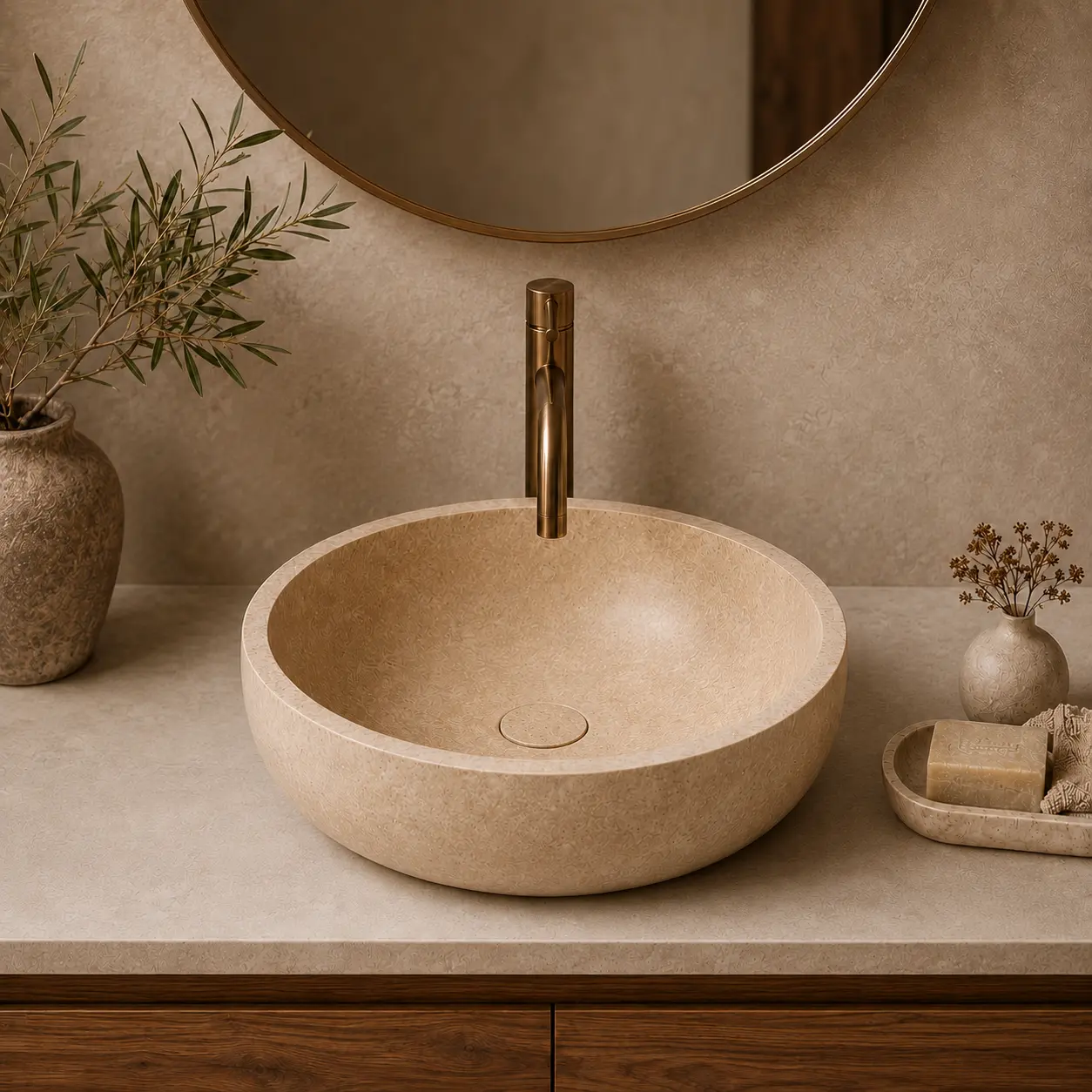 Luca Sanitair Luca Stone Travertin Natuurstenen opzetwastafel rond 42 cm